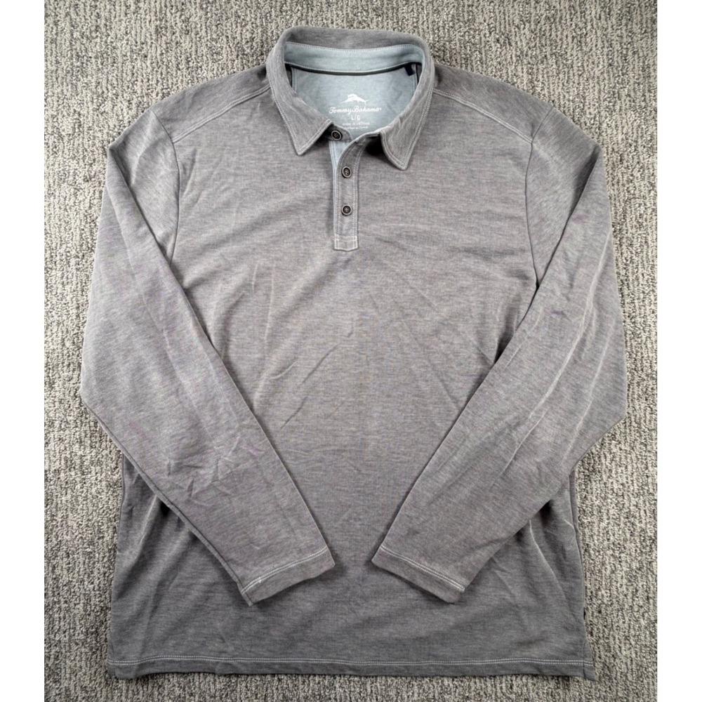 Tommy Bahama Polo Shirt Mens Large Gray Long Sleeve Marl Pique Knit